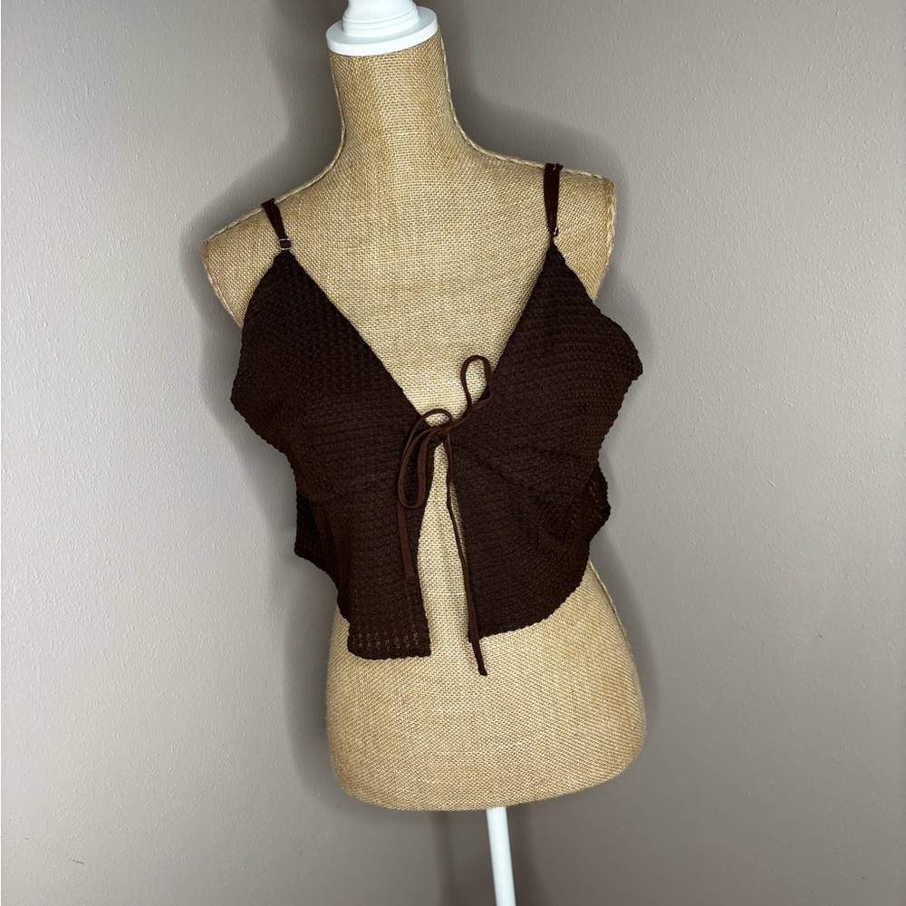 H&M Dark Brown Crochet Front Tie Top Size XL Festival Boho Summer